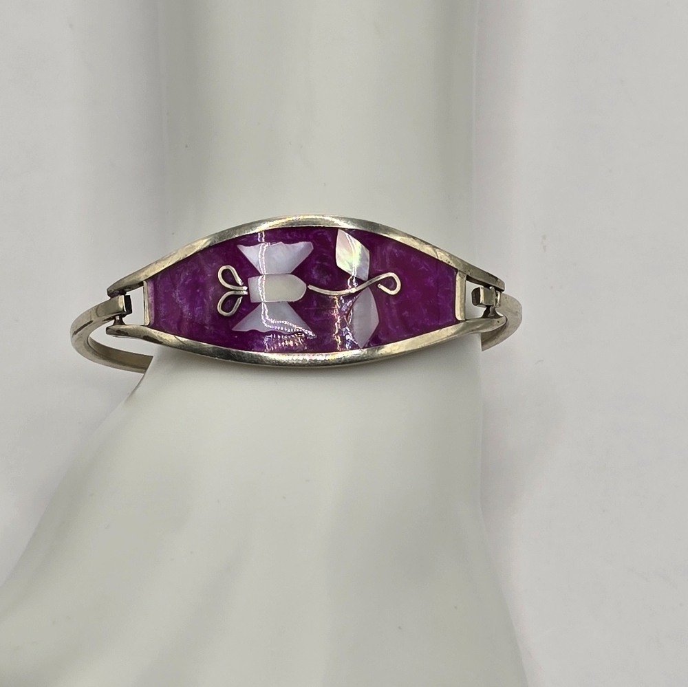Vintage Mexico Alpaca Silver Abalone Shell Inlay Butterfly Flower Bangle